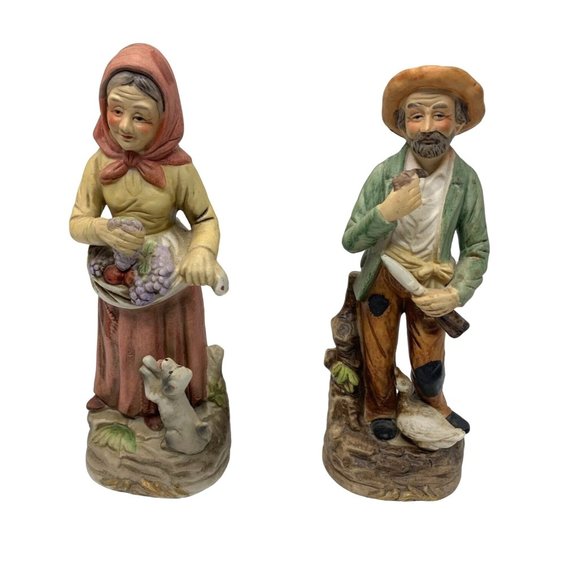 Homco Home Interiors 2 Pc Lot Figurine Figure Man Pipe Scissors Women Fruit Bask - Picture 1 of 3